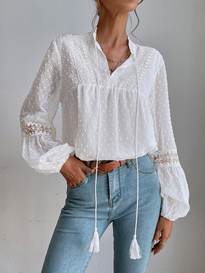 Top- Chiffon Swiss Dot Casual Blouse with Long Sleeves- - Pekosa Women Clothing