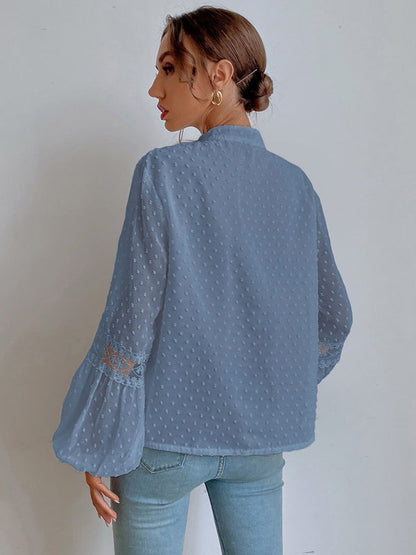 Top- Chiffon Swiss Dot Casual Blouse with Long Sleeves- - Pekosa Women Clothing