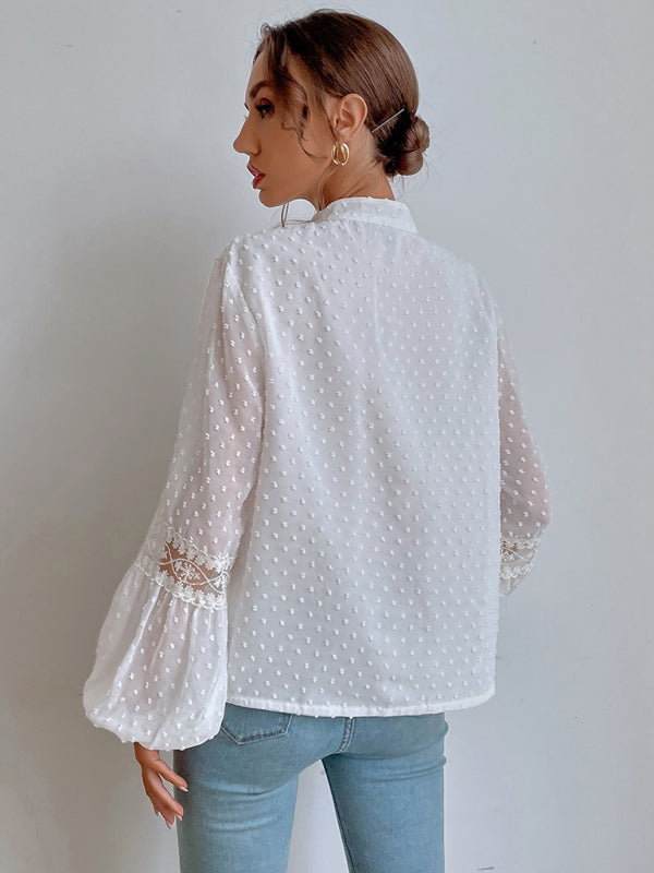 Top- Chiffon Swiss Dot Casual Blouse with Long Sleeves- - Pekosa Women Clothing