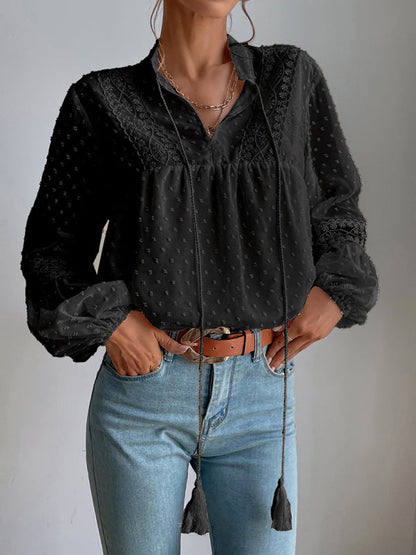 Top- Chiffon Swiss Dot Casual Blouse with Long Sleeves- - Pekosa Women Clothing