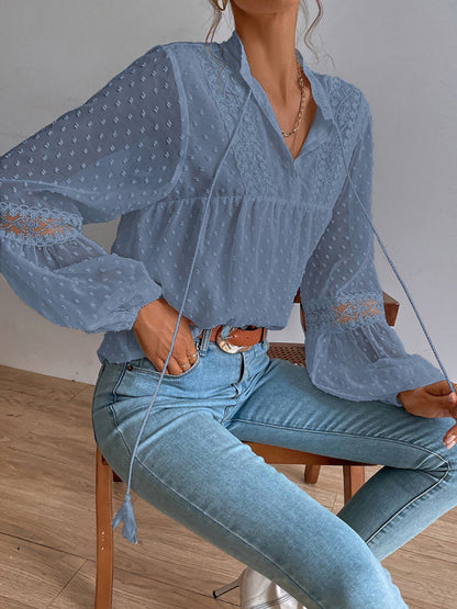 Top- Chiffon Swiss Dot Casual Blouse with Long Sleeves- - Pekosa Women Clothing