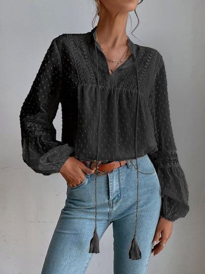 Top- Chiffon Swiss Dot Casual Blouse with Long Sleeves- - Pekosa Women Clothing