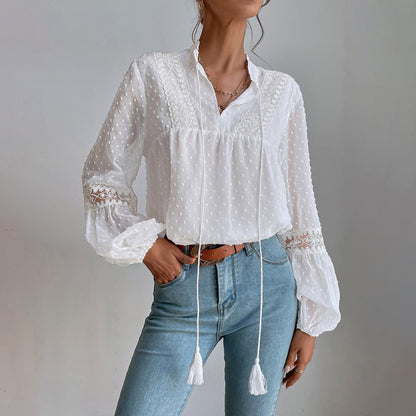 Top- Chiffon Swiss Dot Casual Blouse with Long Sleeves- White- Pekosa Women Clothing