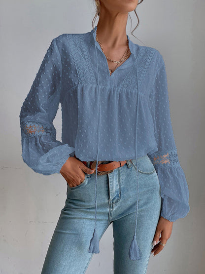 Top- Chiffon Swiss Dot Casual Blouse with Long Sleeves- Blue- Pekosa Women Clothing