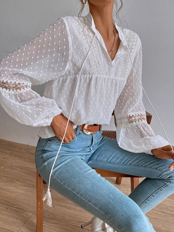 Top- Chiffon Swiss Dot Casual Blouse with Long Sleeves- - Pekosa Women Clothing