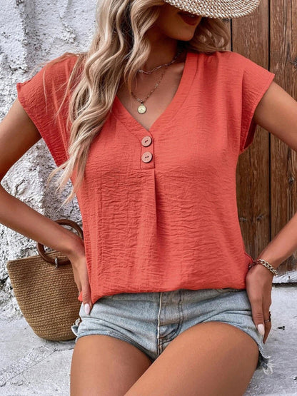 Top- Classic V-Neck Button-Up T-Shirt Top for Women- - Pekosa Women Clothing