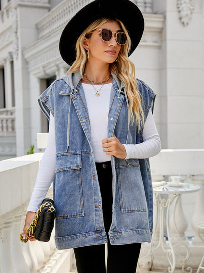 Top- Denim Jean Utility Vest - Waistcoat Sleeveless Jacket- - Pekosa Women Clothing