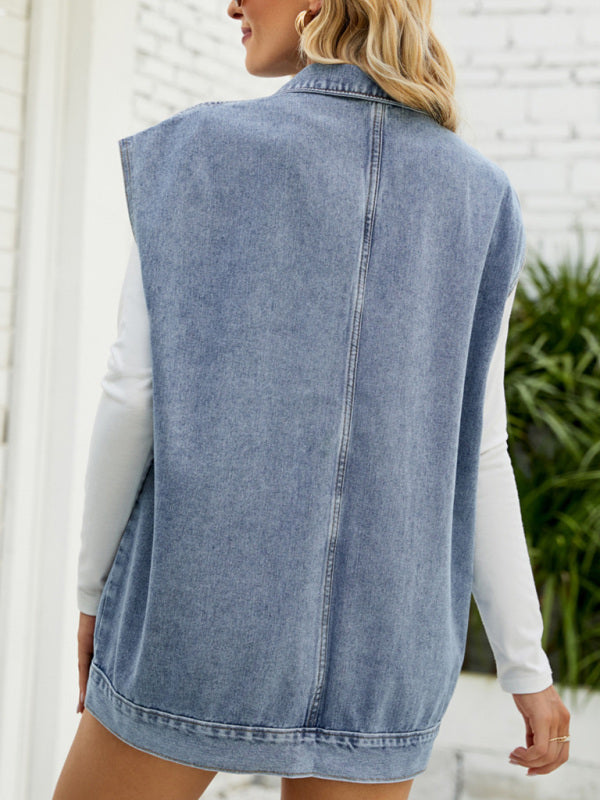 Top- Denim Jean Utility Vest - Waistcoat Sleeveless Jacket- - Pekosa Women Clothing