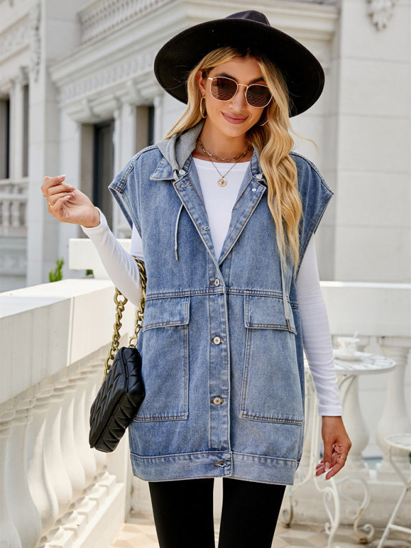 Top- Denim Jean Utility Vest - Waistcoat Sleeveless Jacket- - Pekosa Women Clothing