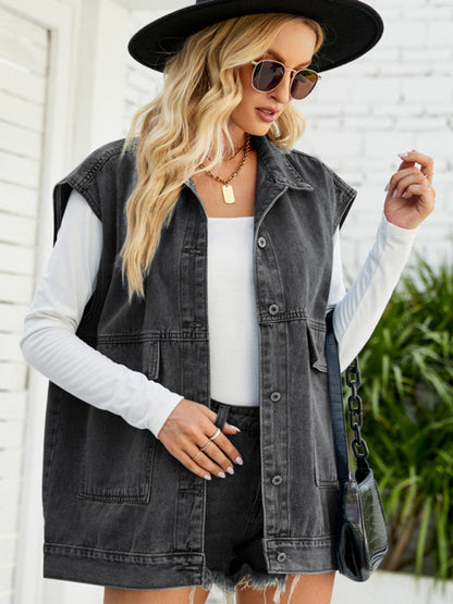 Top- Denim Jean Utility Vest - Waistcoat Sleeveless Jacket- Black- Pekosa Women Clothing