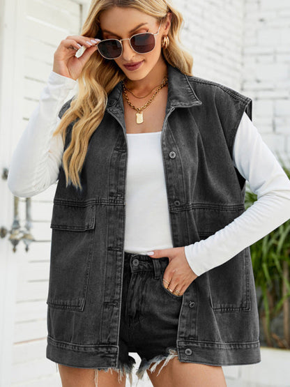 Top- Denim Jean Utility Vest - Waistcoat Sleeveless Jacket- - Pekosa Women Clothing