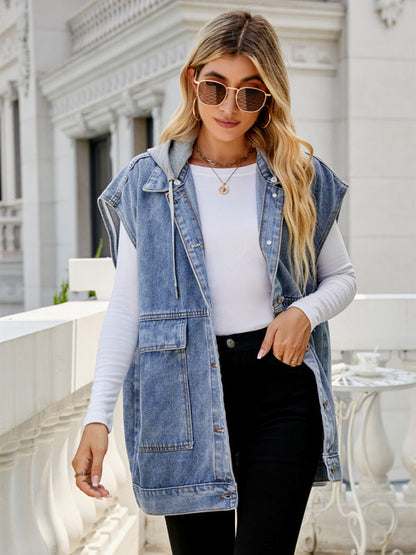 Top- Denim Jean Utility Vest - Waistcoat Sleeveless Jacket- - Pekosa Women Clothing