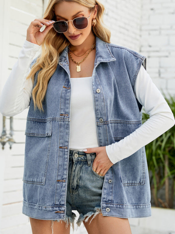 Top- Denim Jean Utility Vest - Waistcoat Sleeveless Jacket- - Pekosa Women Clothing