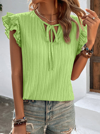 Top- Discover Your Glamour: Women's Textured Ruffle Sleeves T-shirt Blouse- Green- Pekosa Women Clothing