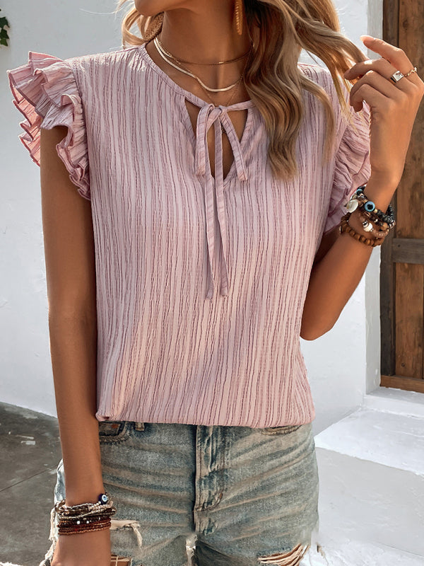 Top- Discover Your Glamour: Women's Textured Ruffle Sleeves T-shirt Blouse- Lotus root Pink- Pekosa Women Clothing