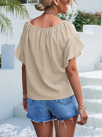 Top- Draped Boat Neck Blouse | Summer Flowy Top with Short Sleeves- - Pekosa Women Clothing