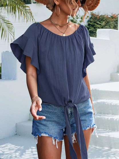 Top- Draped Boat Neck Blouse | Summer Flowy Top with Short Sleeves- - Pekosa Women Clothing