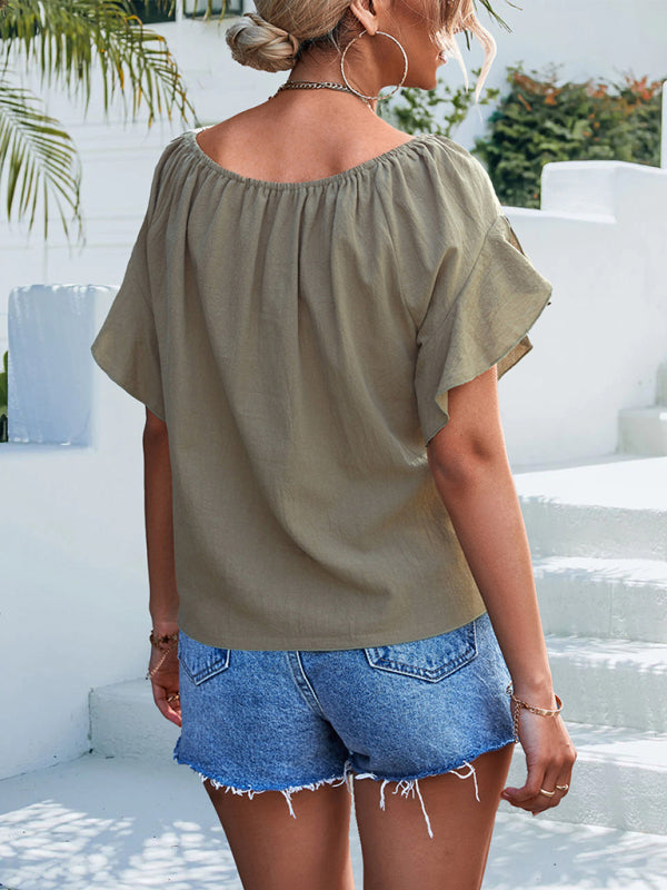 Top- Draped Boat Neck Blouse | Summer Flowy Top with Short Sleeves- - Pekosa Women Clothing