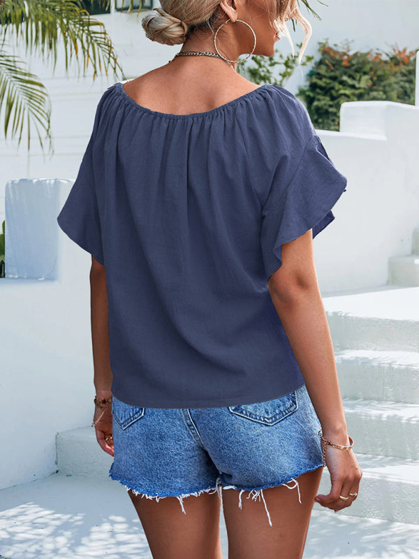 Top- Draped Boat Neck Blouse | Summer Flowy Top with Short Sleeves- - Pekosa Women Clothing