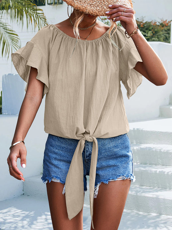 Top- Draped Boat Neck Blouse | Summer Flowy Top with Short Sleeves- - Pekosa Women Clothing