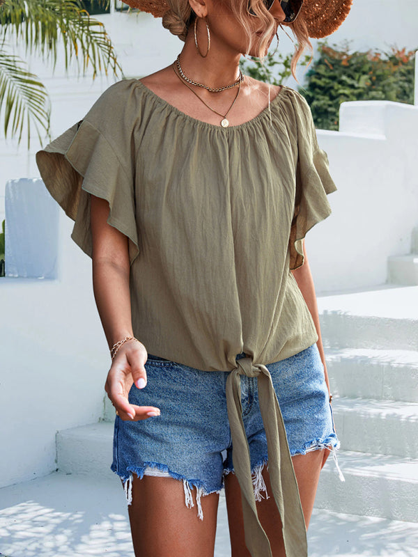 Top- Draped Boat Neck Blouse | Summer Flowy Top with Short Sleeves- - Pekosa Women Clothing