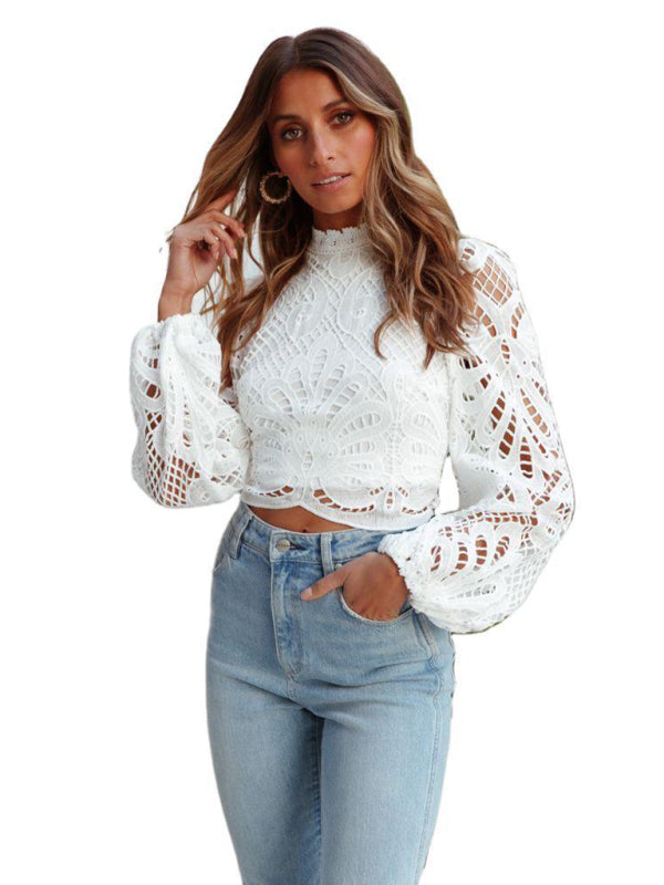 Top- Elegant Cotton Lace Lantern Sleeve High Neck Crop Blouse- - Pekosa Women Clothing