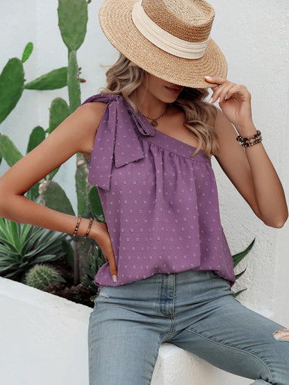 Top- Elegant Dotty One Shoulder Blouse | Summer Asymmetric Top- Purple- Pekosa Women Clothing