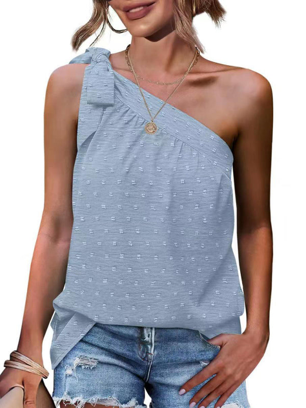 Top- Elegant Dotty One Shoulder Blouse | Summer Asymmetric Top- Blue- Pekosa Women Clothing