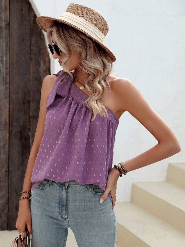 Top- Elegant Dotty One Shoulder Blouse | Summer Asymmetric Top- - Pekosa Women Clothing