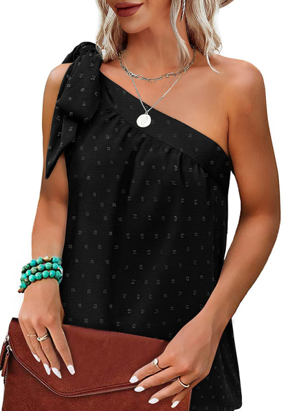 Top- Elegant Dotty One Shoulder Blouse | Summer Asymmetric Top- Black- Pekosa Women Clothing