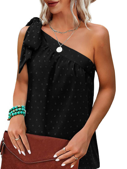 Top- Elegant Dotty One Shoulder Blouse | Summer Asymmetric Top- Black- Pekosa Women Clothing