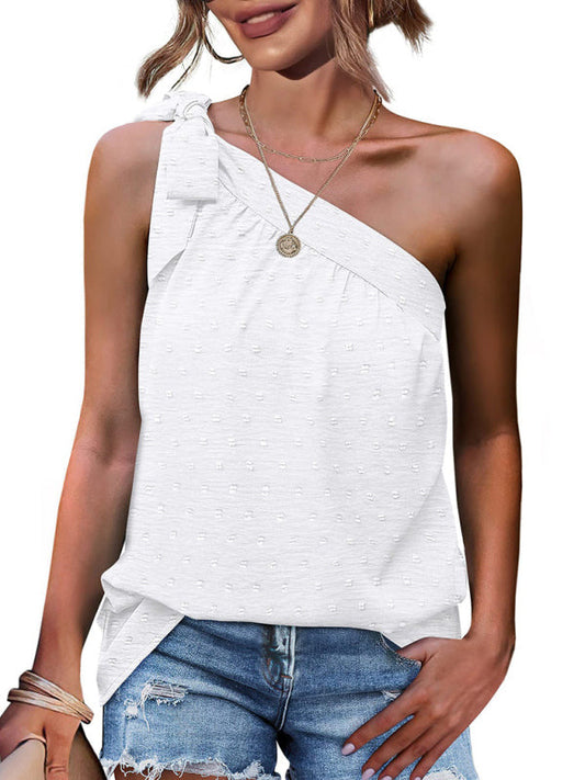 Top- Elegant Dotty One Shoulder Blouse | Summer Asymmetric Top- White- Pekosa Women Clothing