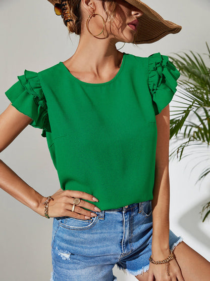 Top- Elegant Ruffle Layered Sleeve Blouse for Casual Chic Looks- Green- Pekosa Women Clothing