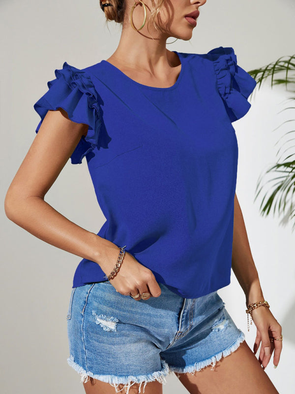 Top- Elegant Ruffle Layered Sleeve Blouse for Casual Chic Looks- - Pekosa Women Clothing