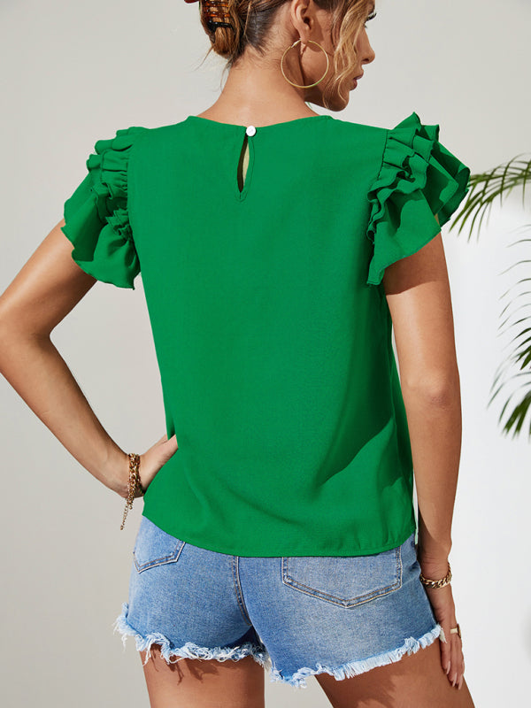 Top- Elegant Ruffle Layered Sleeve Blouse for Casual Chic Looks- - Pekosa Women Clothing