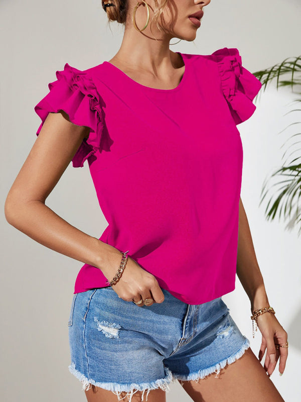 Top- Elegant Ruffle Layered Sleeve Blouse for Casual Chic Looks- - Pekosa Women Clothing