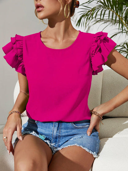 Top- Elegant Ruffle Layered Sleeve Blouse for Casual Chic Looks- - Pekosa Women Clothing