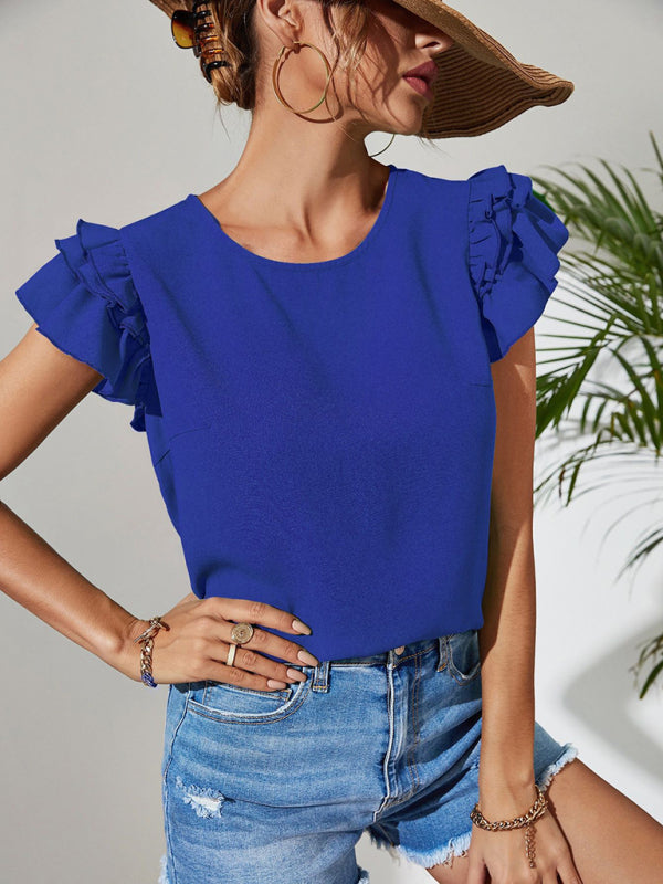 Top- Elegant Ruffle Layered Sleeve Blouse for Casual Chic Looks- Blue- Pekosa Women Clothing