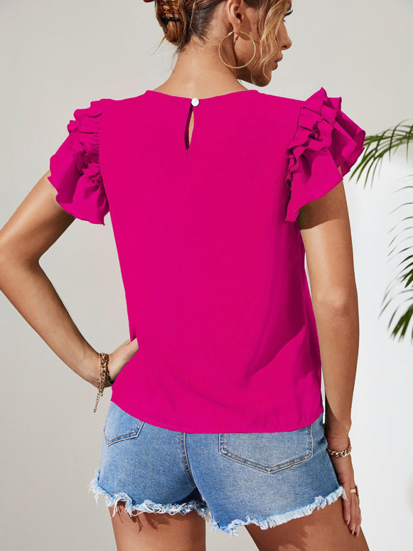 Top- Elegant Ruffle Layered Sleeve Blouse for Casual Chic Looks- - Pekosa Women Clothing