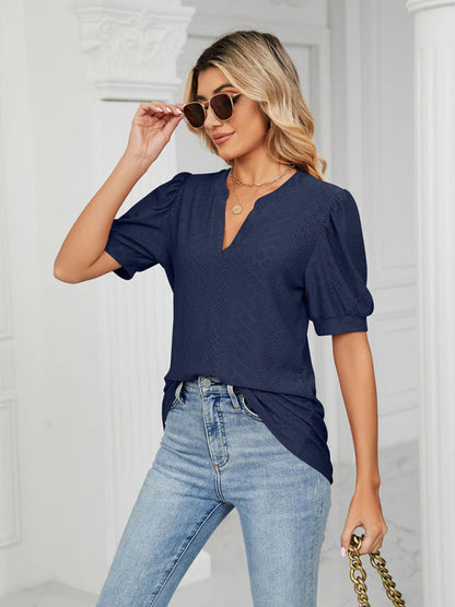 Top- Eyelet V-Neck Blouse - Summer Puff Sleeve Top- Navy Blue- Pekosa Women Clothing