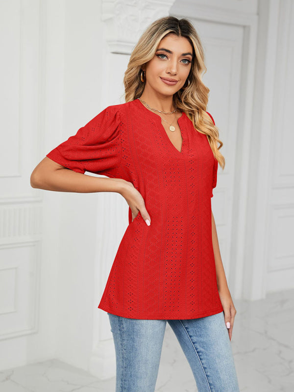 Top- Eyelet V-Neck Blouse - Summer Puff Sleeve Top- Red- Pekosa Women Clothing