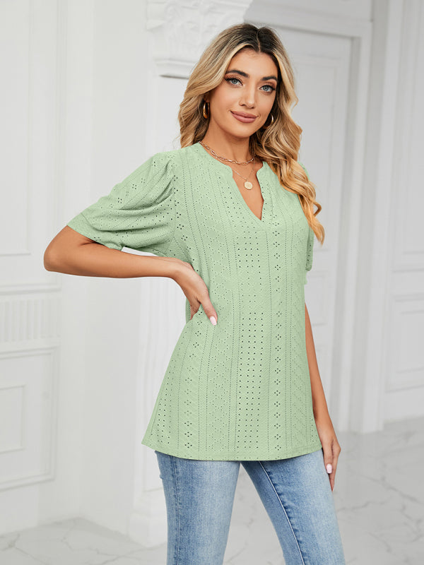 Top- Eyelet V-Neck Blouse - Summer Puff Sleeve Top- Pale green- Pekosa Women Clothing