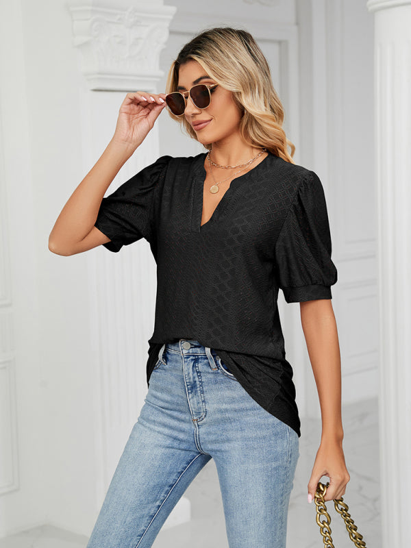 Top- Eyelet V-Neck Blouse - Summer Puff Sleeve Top- Black- Pekosa Women Clothing