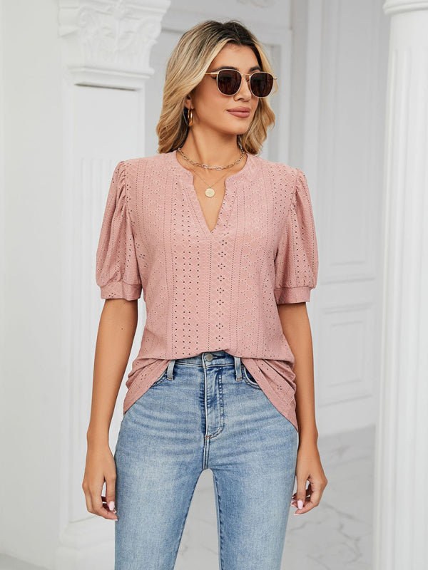 Top- Eyelet V-Neck Blouse - Summer Puff Sleeve Top- Lotus root Pink- Pekosa Women Clothing