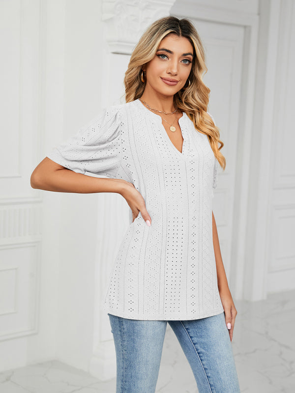 Top- Eyelet V-Neck Blouse - Summer Puff Sleeve Top- - Pekosa Women Clothing