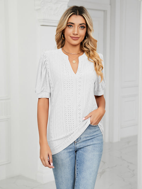 Top- Eyelet V-Neck Blouse - Summer Puff Sleeve Top- - Pekosa Women Clothing