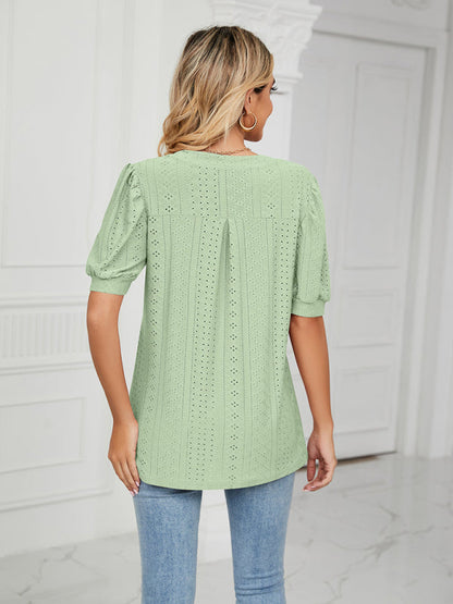 Top- Eyelet V-Neck Blouse - Summer Puff Sleeve Top- - Pekosa Women Clothing