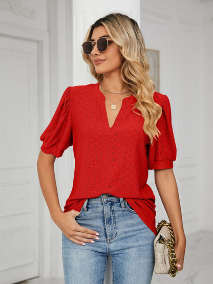 Top- Eyelet V-Neck Blouse - Summer Puff Sleeve Top- - Pekosa Women Clothing