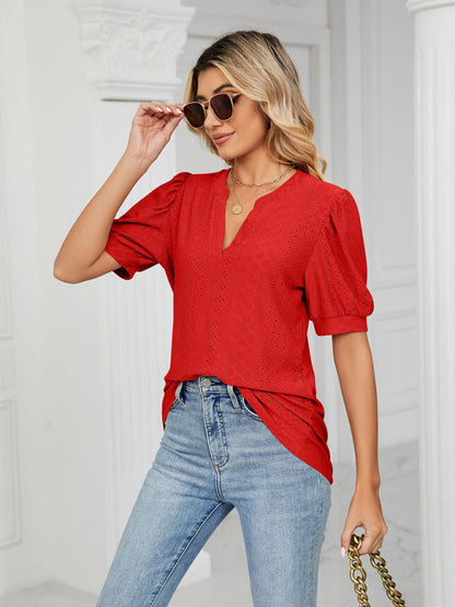 Top- Eyelet V-Neck Blouse - Summer Puff Sleeve Top- - Pekosa Women Clothing