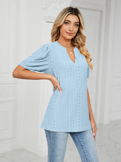 Top- Eyelet V-Neck Blouse - Summer Puff Sleeve Top- - Pekosa Women Clothing